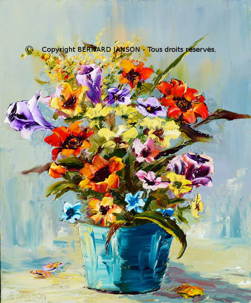 oil painting knife; bunch of various flowers in a blue vase and a grey background