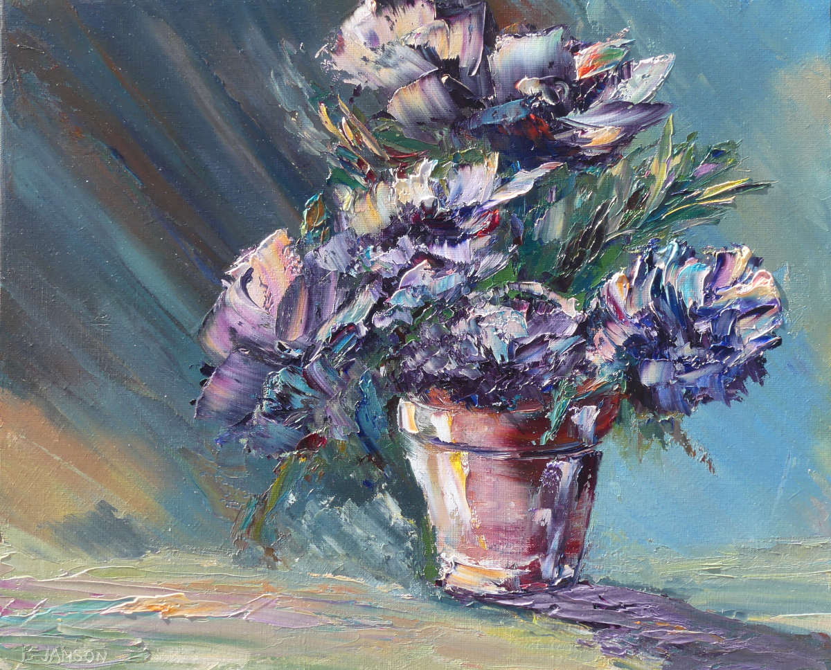 figurative artwork; oil painting knife; bunch of peonies