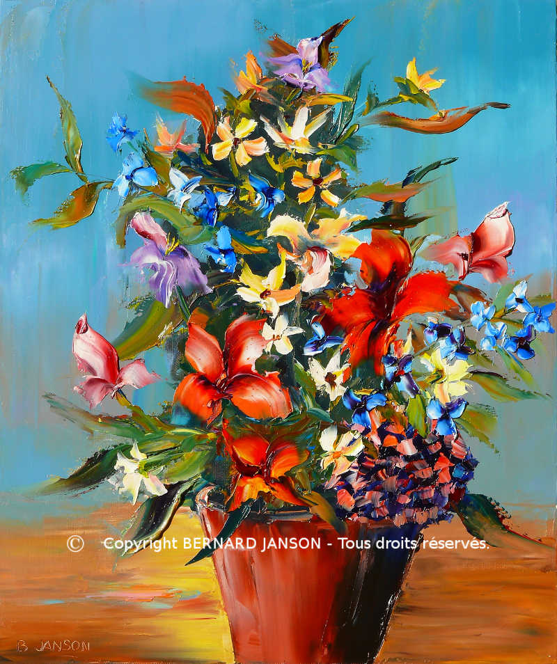 bunch of flowers in a red vase; oil modern artwork