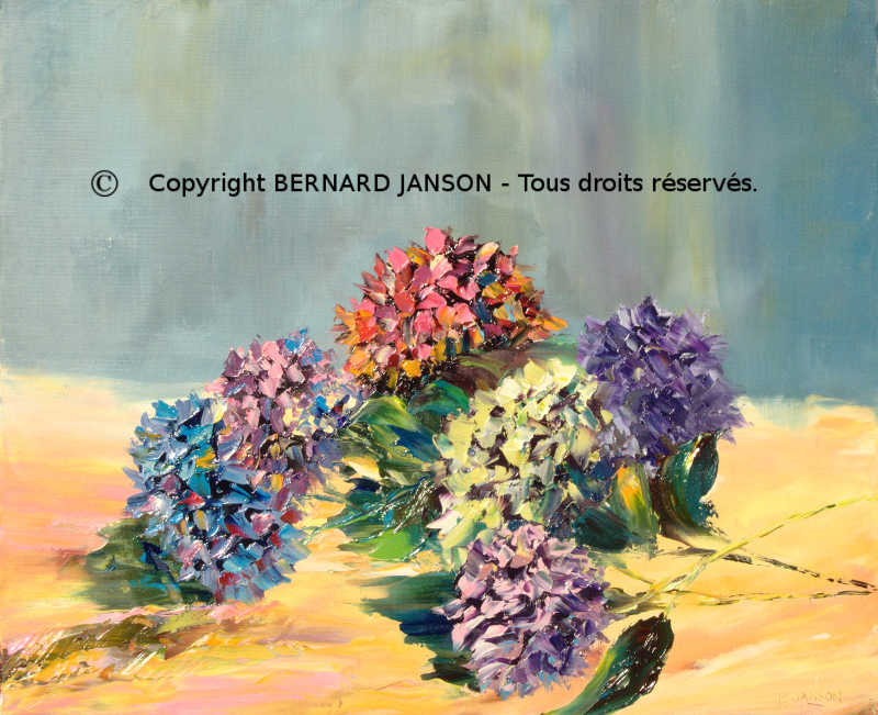 canvas oil painting knife; hydrangeas with several colors put on a table