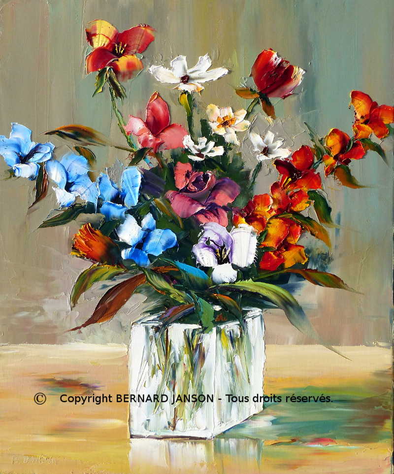 various flowers in a white vase; oil palette knife painting