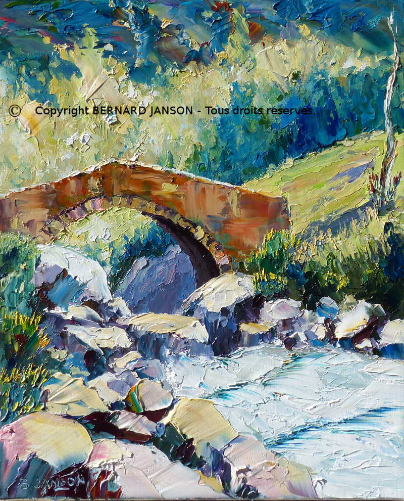 painting knife artwork; landscape mountain with an ancient small bridge over a torrent