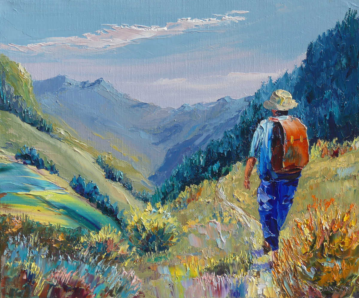 a mountainscape with a stroller painted on canvs with a palette knife