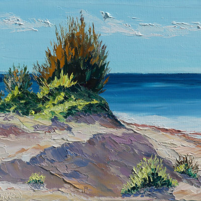 modern oil palette knife painting depicting sunny seaside dunes
