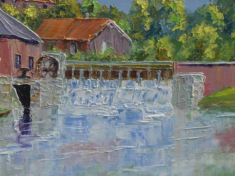 oil on canvas showing a detail of the watermill in the French countryside
