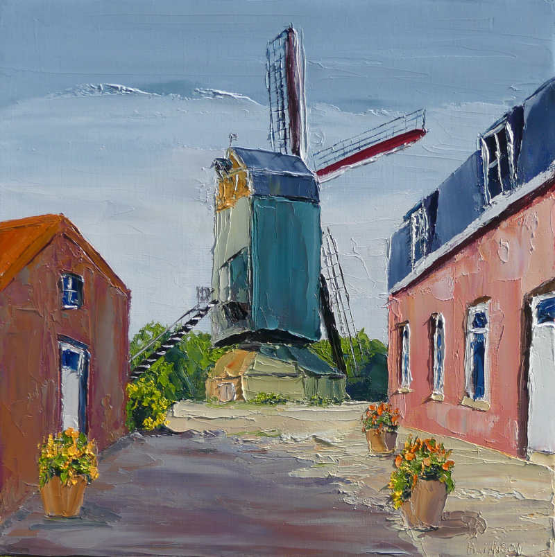 modern artwork showing an ancient windmill in a French countryside landscape