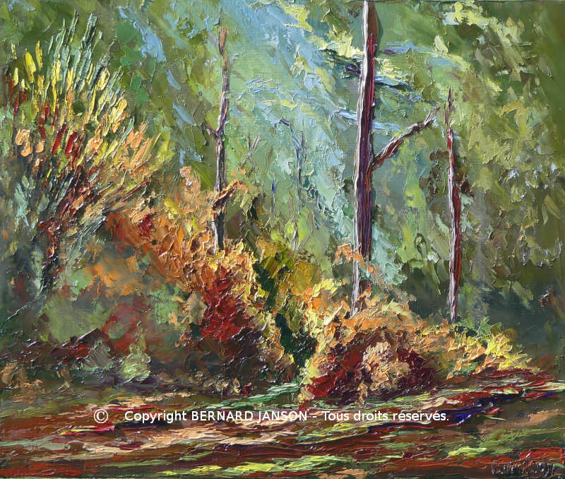 modern figurative artwork; a forest landscape with a sunny weather