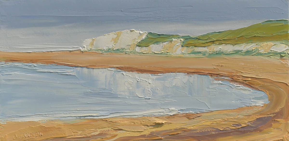 a white cliff on a French seaside made with a palette knife on a linen canvas