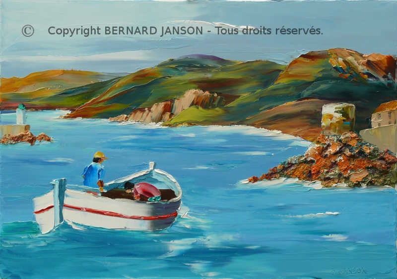 painting marine figurative style; seascape and fishing boat