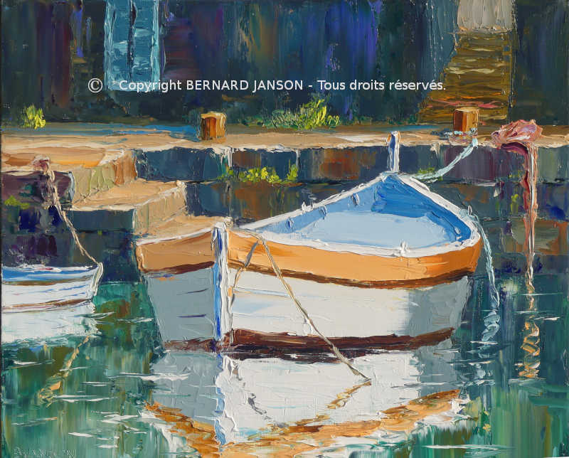 representative artwork showing small fishing boats in a french harbour