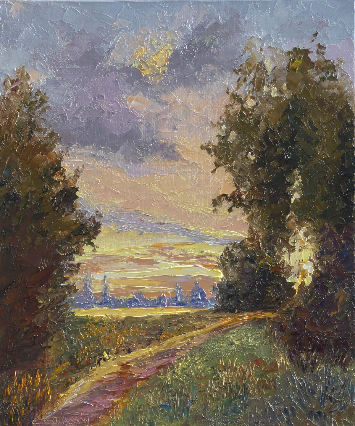 contemporary oil painting artwork ; sunset on a countryside
