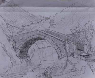 pencil sketch showing the old contra jour bridge