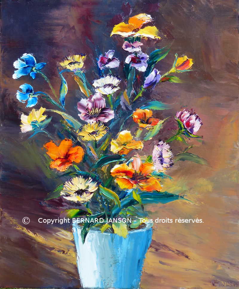 modern canvas oil painting knife; bunch of flowers with sepia background