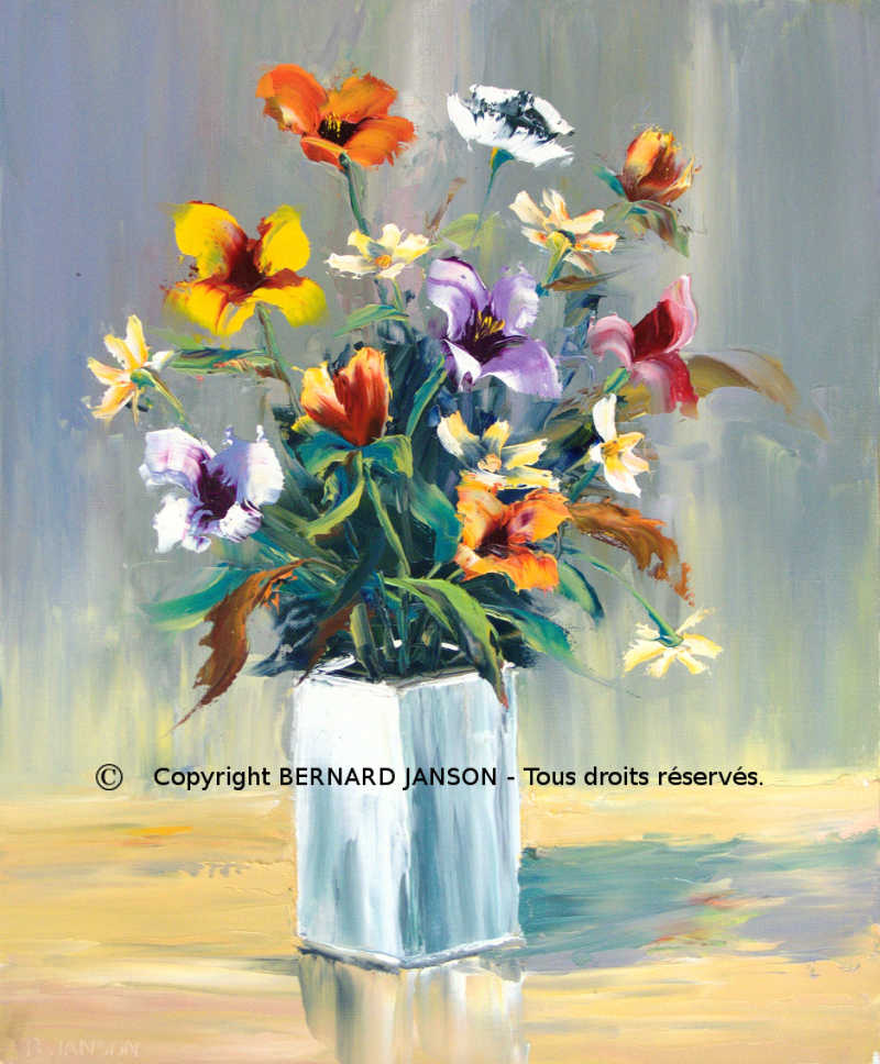 modern painting knife artwork; a bunch of various flowers in a white vase