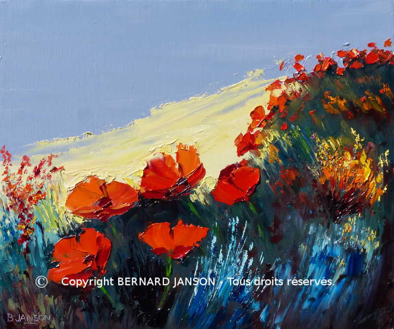 modern artwork oil painting knife; poppies in nature