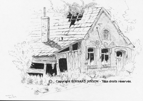 drawing with indian ink; abandoned old house in countryside north of France