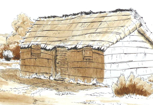 ancient fishing huts; drawing ink and lavis