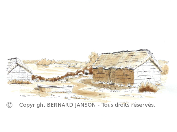 ancient fishing huts; drawing ink and lavis