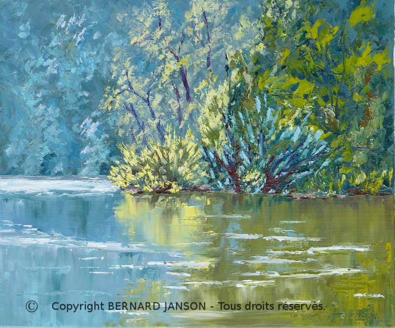 palette knife painting oil on canvas; brightness morning on a lake
