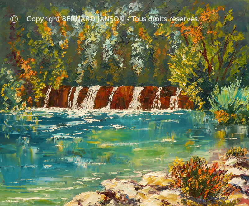 canvas painting knife ; waterfall in summer with greenesh foliage