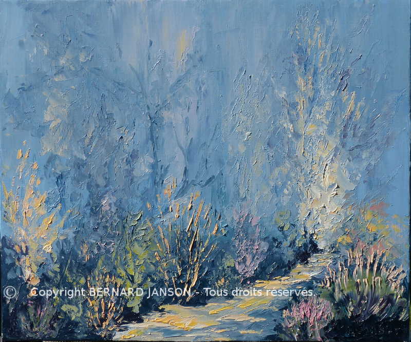 artwork palette knife painting ; wintry undergrowth with sun light in foliage