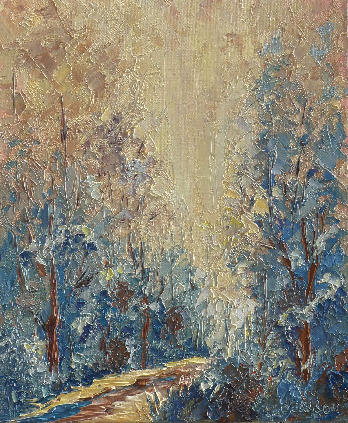 modern palette knife painting on canvas showing a trail in a forest