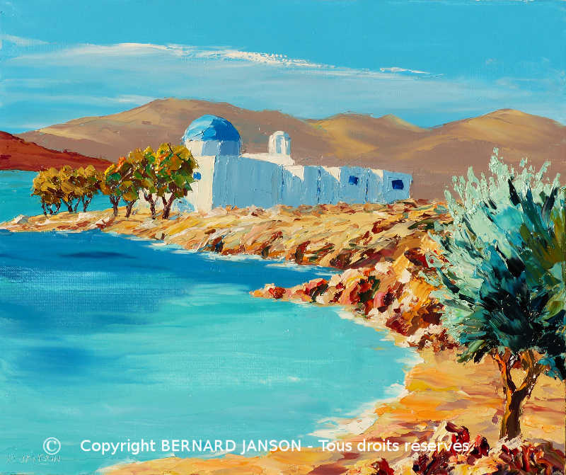 oil on canvas; a small greek island and a church with a blue roof