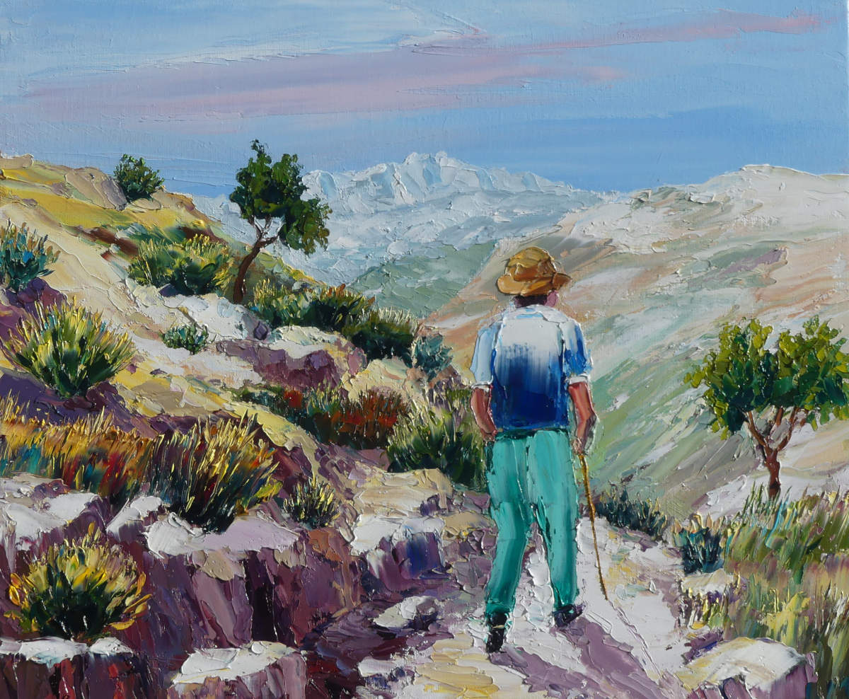 palette knife painting showing a walker in a mountain