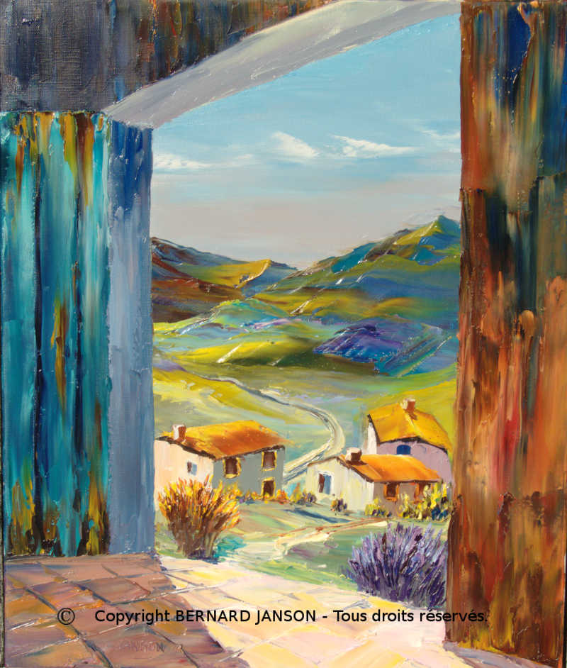 palette knife painting showing an opended door to mountains
