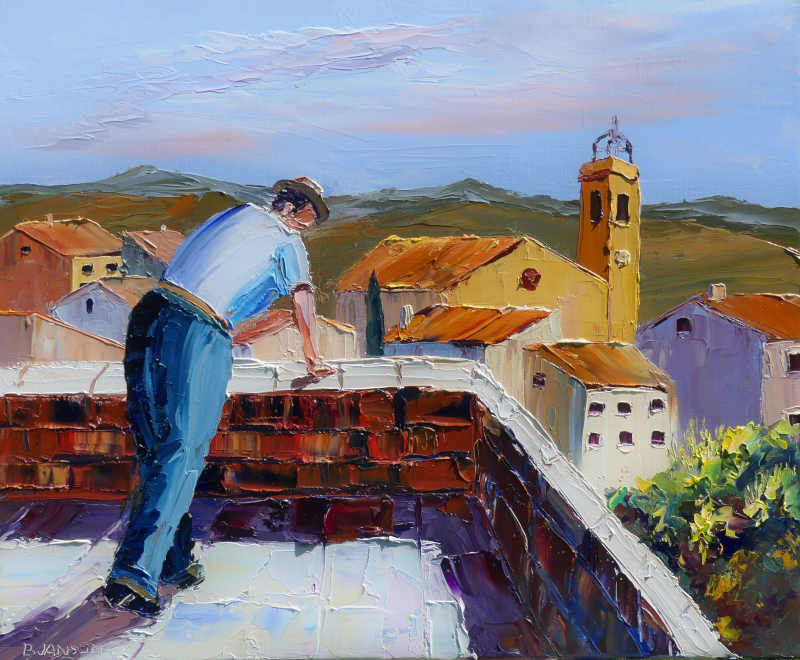 oil palette  knife painting on canvas showing a man looking over a French ancient village