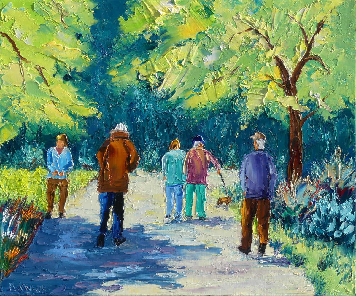 modern oil painting knife on canvas showing people wandering in a park