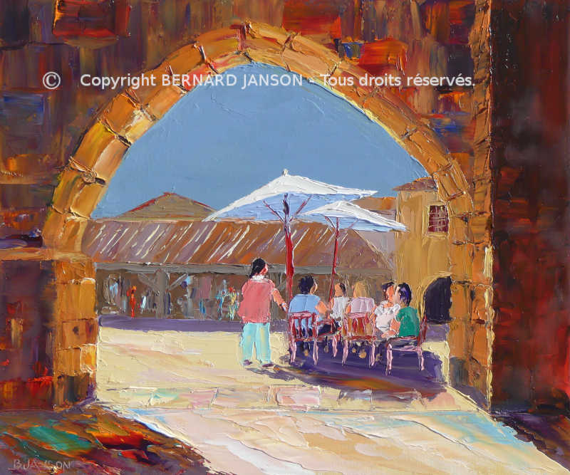 oil painting knife on canvas showing a pretty ancien village with people on a terrasse cafe