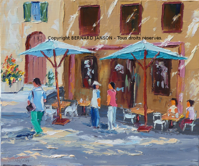 a painting knife of a french terrase cafe with figures and sunshine