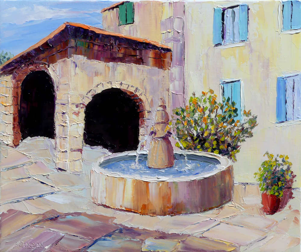oil palette knife painting showing the fountain of an ancient French village 