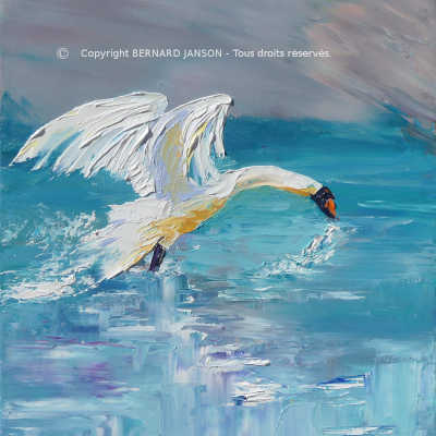 contemporary artwork gallery; oil on canvas showing a swan in flight