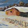oil modern painting knife; a pretty ancient house in a snowy landscape
