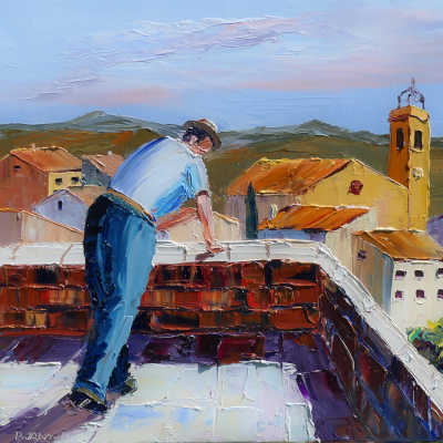 modern oil palette knife painting depicting a man looking at an ancient French village