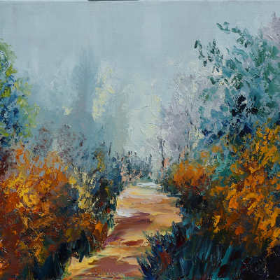 modern palette knife painting ; a luminous countryside trail among trees