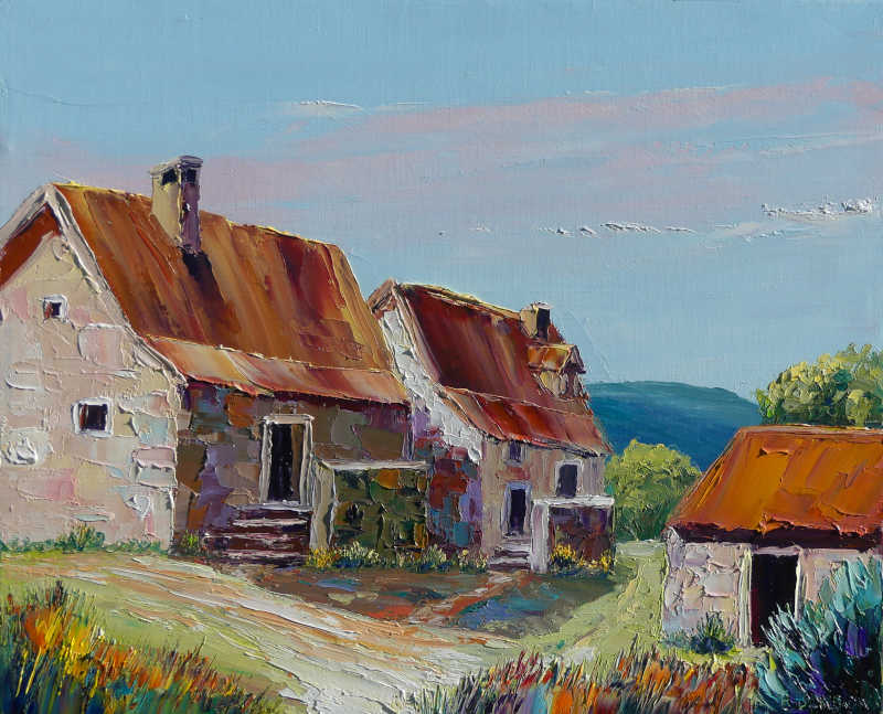 modern palette knife painting showing ancient stone houses in a typical french hamlet