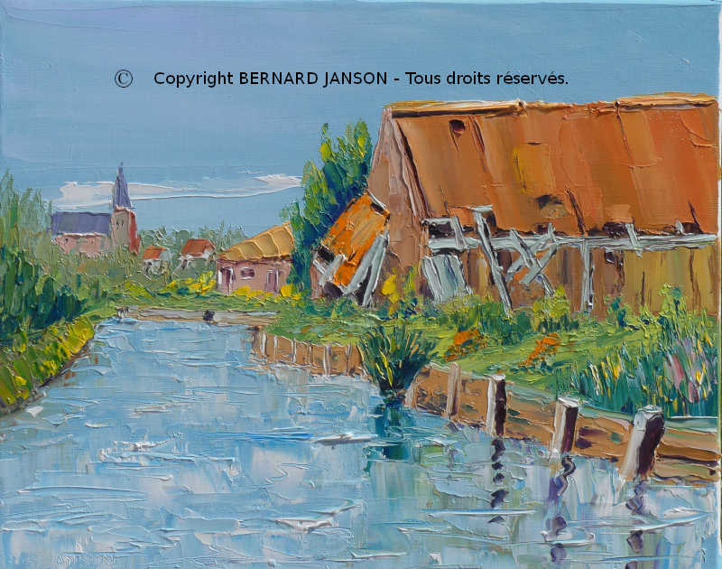 modern palette knife painting; a river in french countryside with houses and trees
