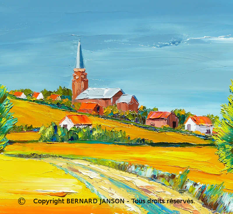 painting knife landscape countryside French village