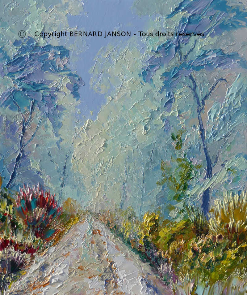 oil palette knife painting; a sunken foot path with plays of light and shadow