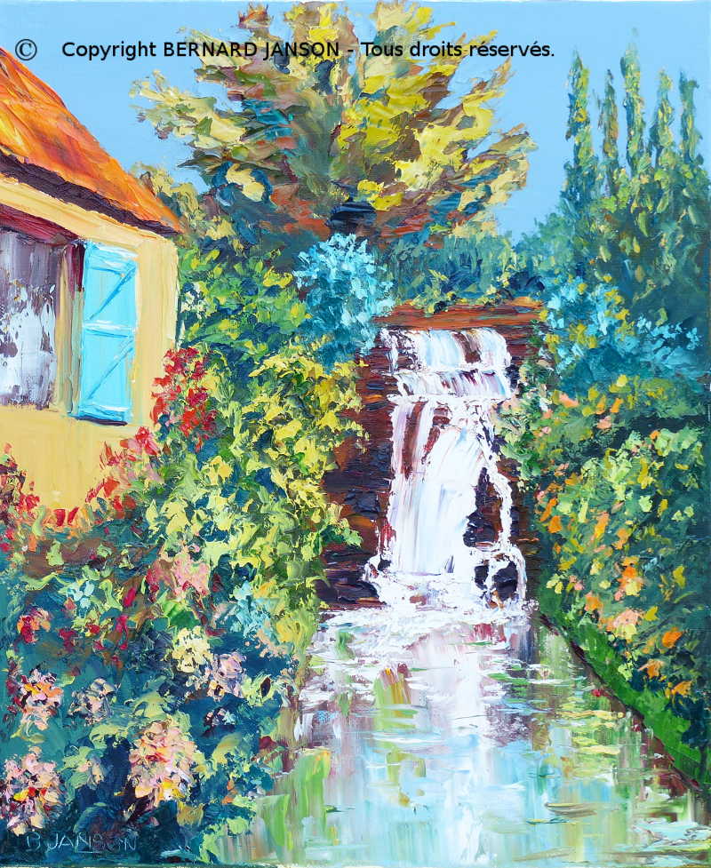 painting knife; river Denacre with its small waterfall near a house 