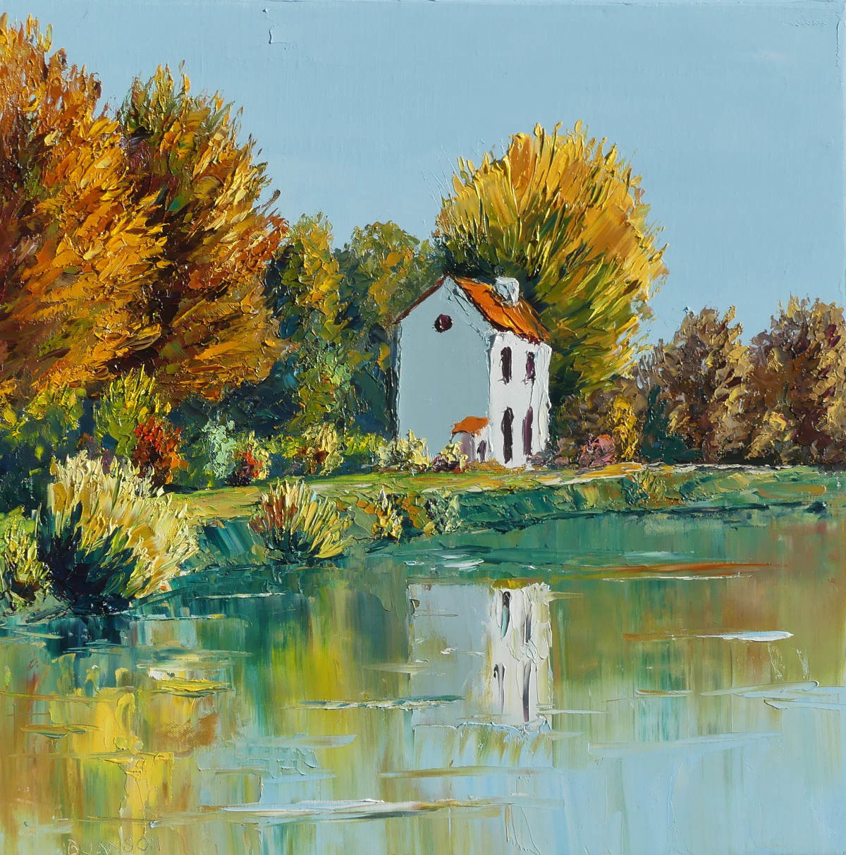 artwork oil on canvas; autumn morning on the lake with a shadowy foreground