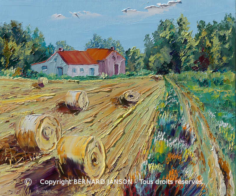 modern oil on canvas showing a harvested french countryside during summer