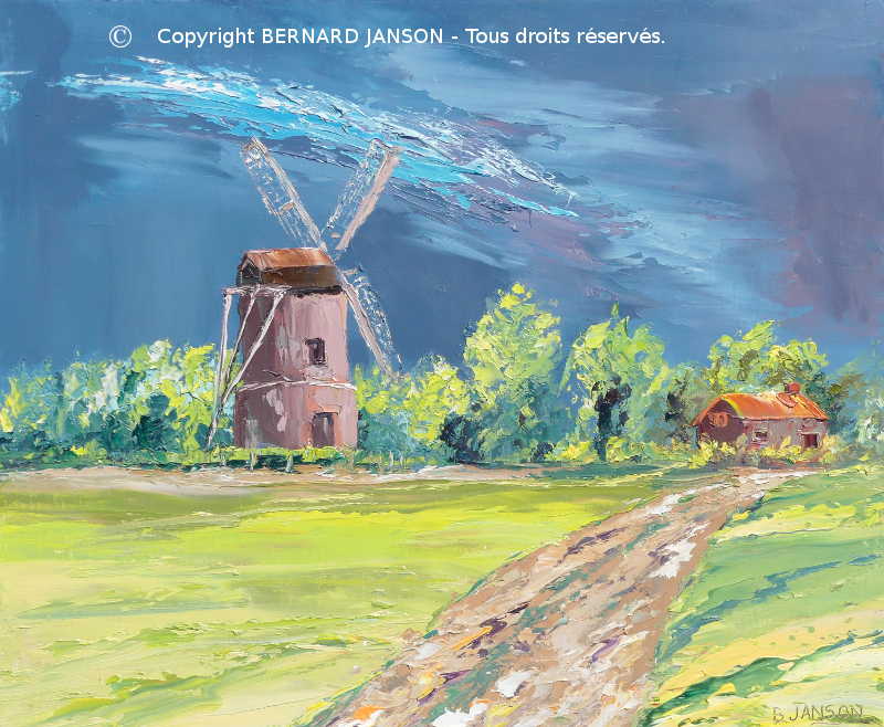 oil on canvas; countryside landscape with an ancient windmill in the north of France