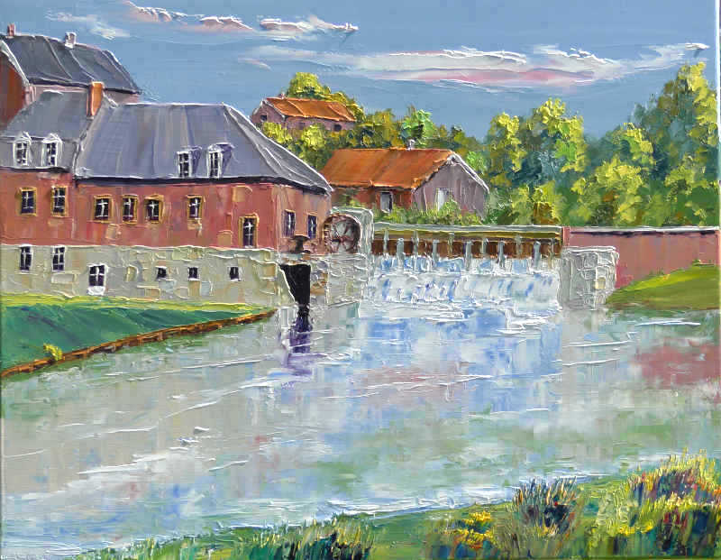 oil on canvas showing a watermill in the French countryside