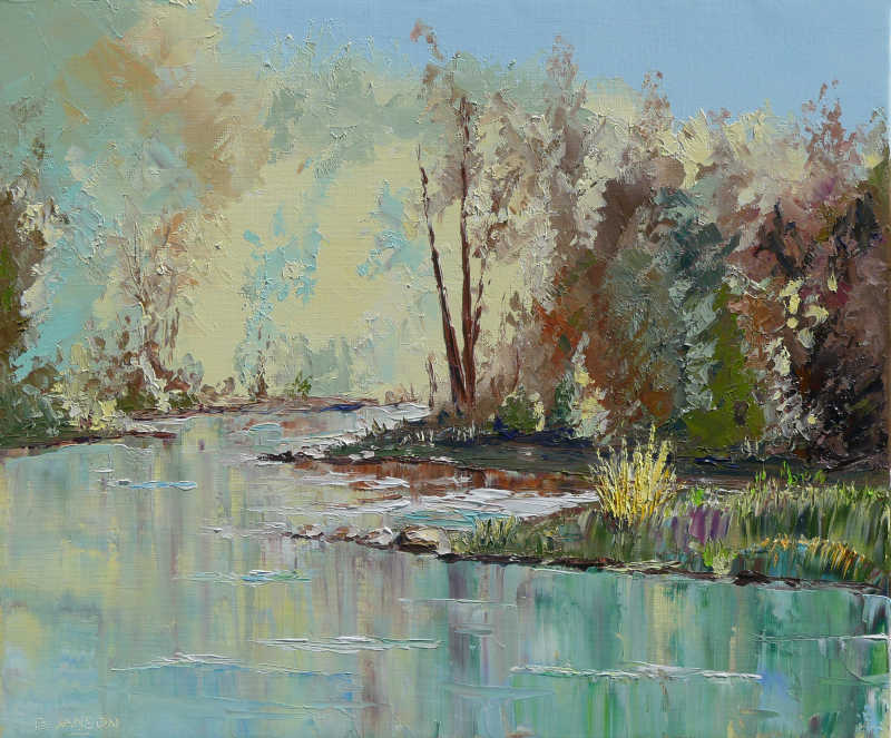 recent palette knife painting; a smal river in the french countryside