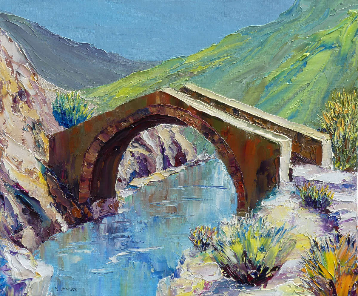 painting knife showing an ancient corsican bridge over a river