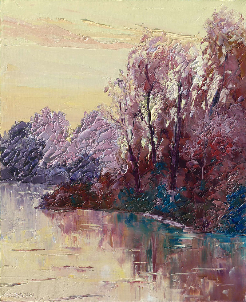 palette knife paintingartwork ; a dusk with a river